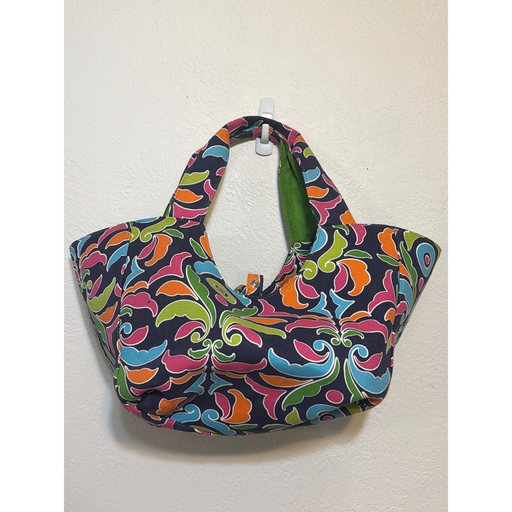 Buckhead Betties Canvas Hobo Tote Bag Paisley Floral Navy Multi Snap Closure New